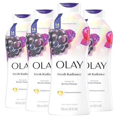 Olay Body Wash for Women, Fresh Radiance, Refreshing & Renewing, Made with Plant Based Cleansers, B3 Botanical Complex, For All Skin Types, Fresh Berries Scent, 22 fl oz (Pack of 4)
