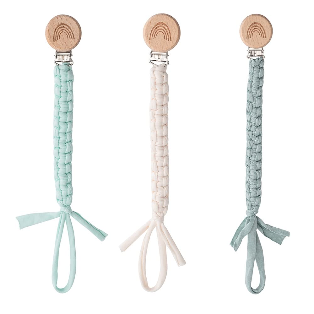 Symbolife Pacifier Clip for Boys Girls Pacifier Holder Leash Boho Rainbow Wooden Clips Handmade Braided Cotton Unisex Baby Shower Birthday Gift Christmas Gift