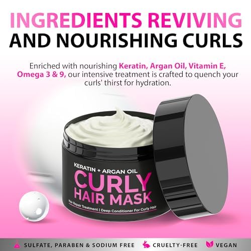 SUNATORIA Curly Hair Mask - Deep Conditioner for Curly Hair - Natural Argan & Keratin Hair Treatment Mask - 8.5 Fl Oz - Repair, Hydrate, Moisturize Dry, Damaged, Wavy & Frizzy Hair