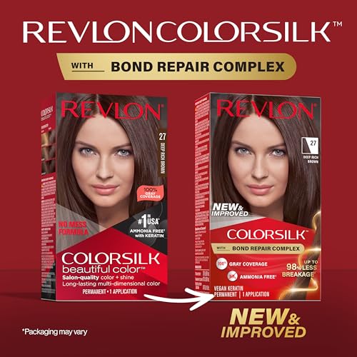 Revlon ColorSilk with Bond Repair Complex, Brown Permanent Hair Color, 100% Gray Coverage, Ammonia Free Hair Dye, Vegan Keratin, 27 Deep Rich Brown (Pack of 3)