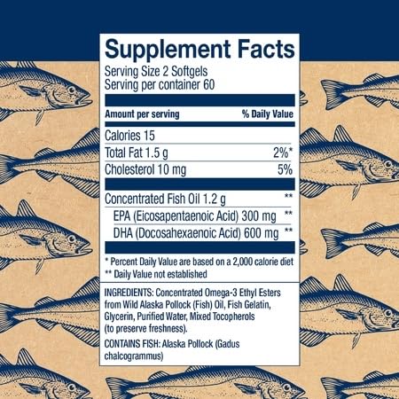 Wiley's Finest Wild Alaskan Fish Oil Prenatal DHA - 900mg EPA and DHA Omega-3s for Pregnant Women and Nursing Mothers - 120 Softgels (60 Prenatal Vitamin Servings)