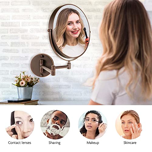 OVENTE 9 Wall Mounted Makeup Mirror with 1X/10X Magnification, Double Sided Magnifying Round Bathroom Vanity Mirror, 360° Swivel Design, Extendable and Folding Arm, Antique Bronze MNLFW90ABZ1X10X