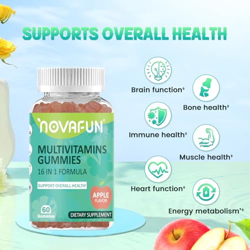 Novafun Multivitamin Gummies,16-in-1 Supplement with Essential Vitamins & Minerals for Overall Health, Vegetarian & Gluten-Free, Apple Flavor, 60 Count