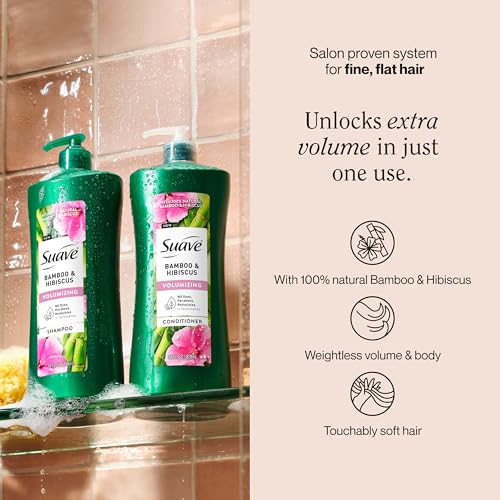 Suave Bamboo & Hibiscus Volumizing Shampoo, for Fine and Flat Hair, Salon Proven System for Boosting Hair Volume and Body, 28 oz, 4 Pack