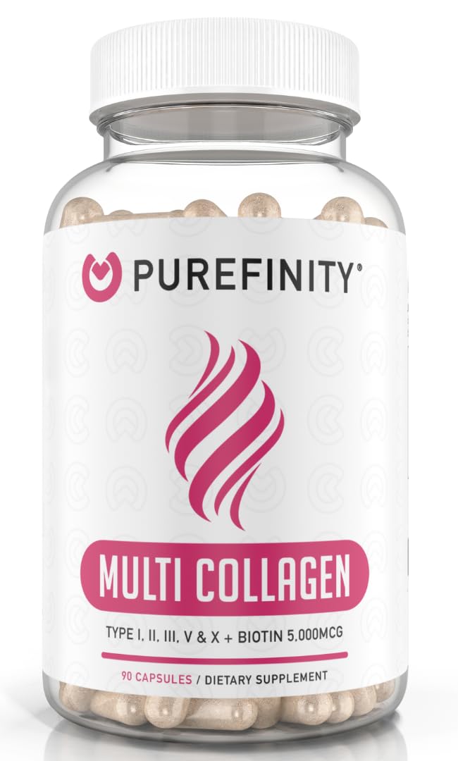 PUREFINITY Collagen Peptides for Women – Type I, II, III, V & X with Biotin & Hyaluronic Acid, Supports Healthy Skin, Bones, Hair & Nails – Non-GMO, Grass-Fed, 90 Capsules (1 Month Supply)
