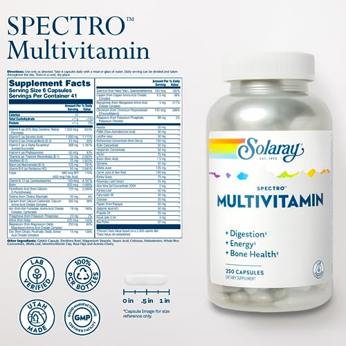 SOLARAY Spectro Multivitamin with Iron - Multi Vitamin with Calcium, Magnesium, Energizing Greens, Herbs & Digestive Enzymes - Digestion, Energy, and Bone Health Support (41 Serv, 250 CT)
