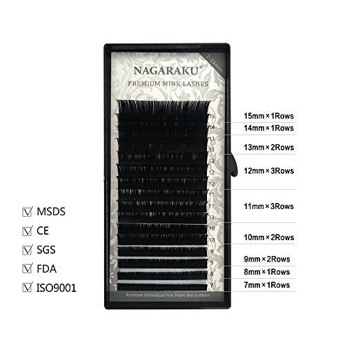 NAGARAKU Eyelash Extensions Individual Lashes 0.20mm B curl 7-15mm Mix Tray Classic Matte Black Natural Faux Mink 16 rows
