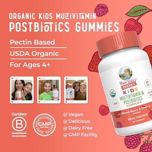 MaryRuth Organics Kids Vitamins | USDA Organic | Multivitamin Gummies + Postbiotics for Ages 4+ | Lactobacillus Rhamnosus | Vegan | Non-GMO | 60 Count