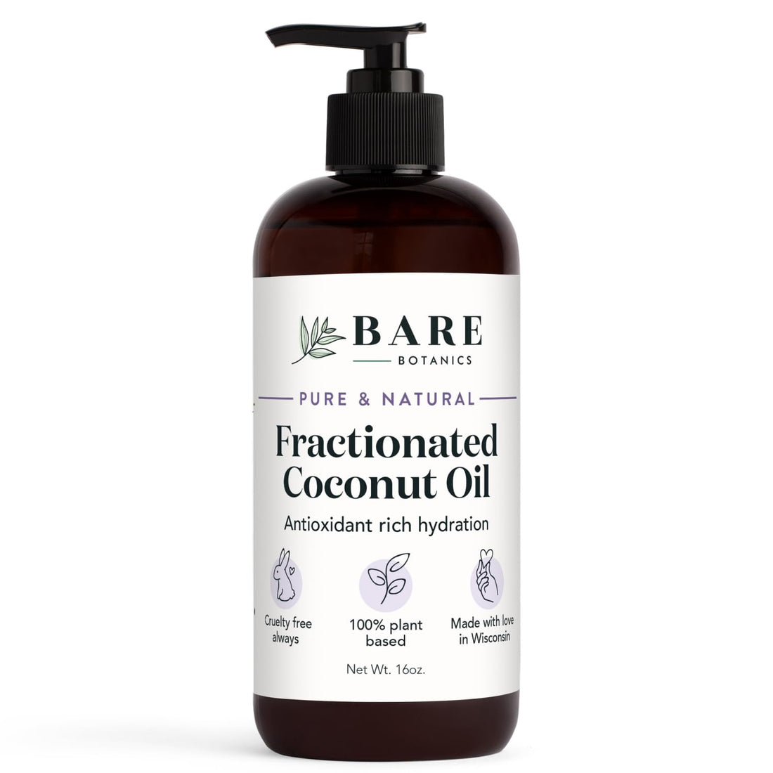 Bare Botanics 100% Pure Fractionated Coconut Body Oil 16 oz - Cold Pressed & Natural for All Over Moisturization - Multipurpose Carrier Oil for DIY - Hydrate Dry Skin, Hair & Body - Vegan Cruelty Free