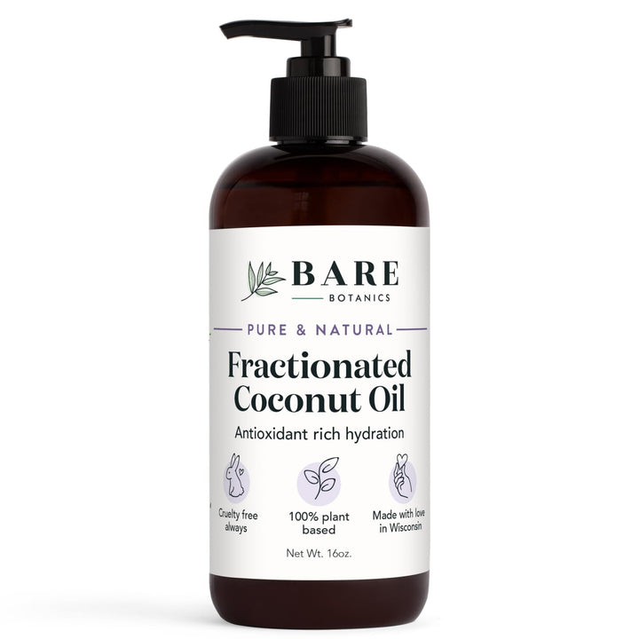 Bare Botanics 100% Pure Fractionated Coconut Body Oil 16 oz - Cold Pressed & Natural for All Over Moisturization - Multipurpose Carrier Oil for DIY - Hydrate Dry Skin, Hair & Body - Vegan Cruelty Free