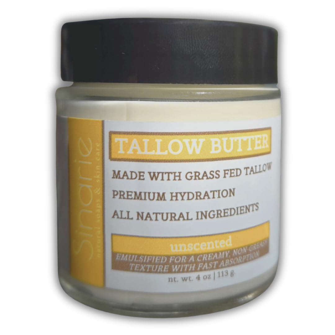 Sinarie Grass-Fed Beef Tallow Body Butter - Emulsified, Non-Greasy Moisturizer, 4 oz Soaps & Skin Care (4 oz., Unscented)