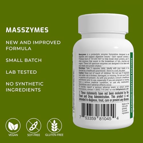 BiOptimizers MassZymes - Complete Digestive Enzymes Supplement for Gut Health - Bloating Relief for Men and Women - Lipase Amylase Bromelain Digestive Enzymes (30 Capsules)