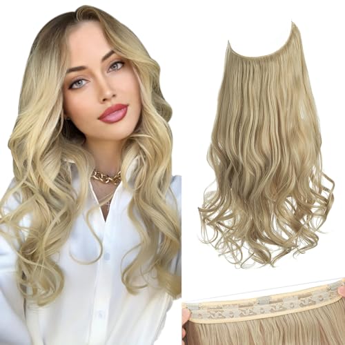 SARLA Invisible Wire Hair Extensions with 3 Clips Short Synthetic Wavy Curly Hairpiece Adjustable Transparent Headband for Women 14 Inch Pale Ash Blonde