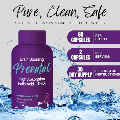 BioImmune Ultra Strength Bio-Available Prenatal Vitamins for Women, Naturally Occurring Methylated Folate Folic Acid, DHA Omega 3. Supports Brain Development, Healthy Fetal Development