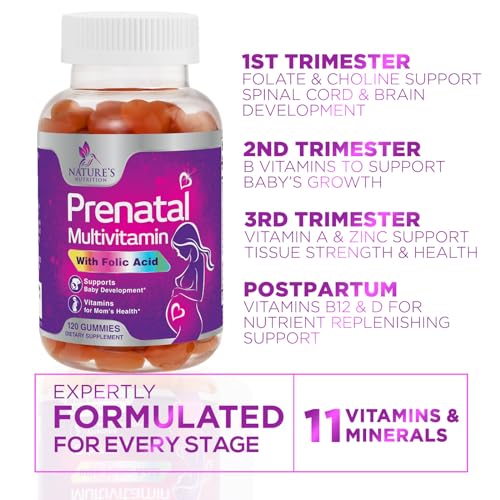 Prenatal Gummy with Folic Acid, Prenatal Vitamins and Minerals for Fetal Support, Vitamin A, C, D3, B12, B6 & Folate, Prenatal Multivitamin for Pregnant & Nursing Women - 120 Gummies, 60 Day Supply