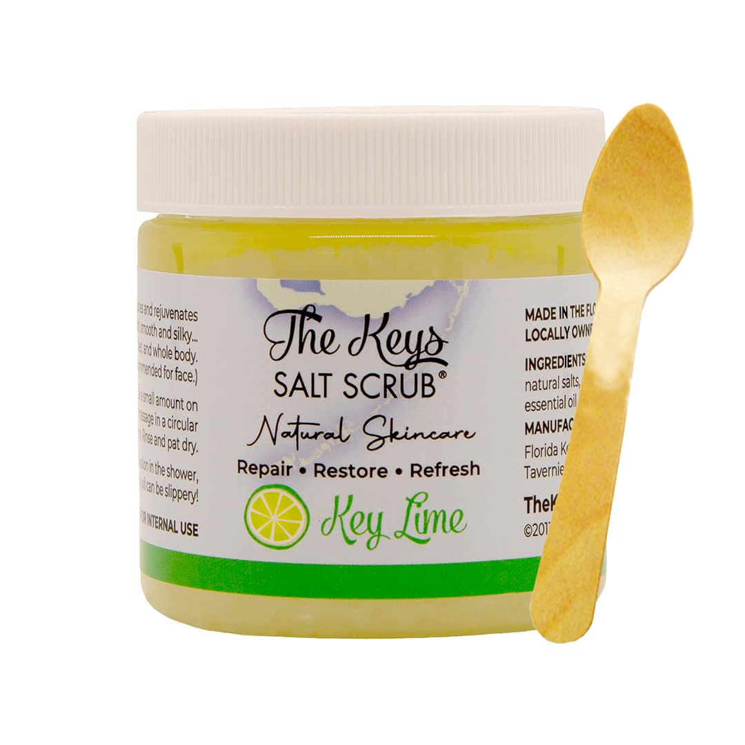 The Keys Sea Salt Scrub–Exfoliating Body Scrub with Wooden Spoon – Organic Florida Key Lime Face, Hand, Foot & Bikini scrub– Sea Salt Body Exfoliator with Essential Oils (Key Lime, 3.4 oz - 3 Pack)