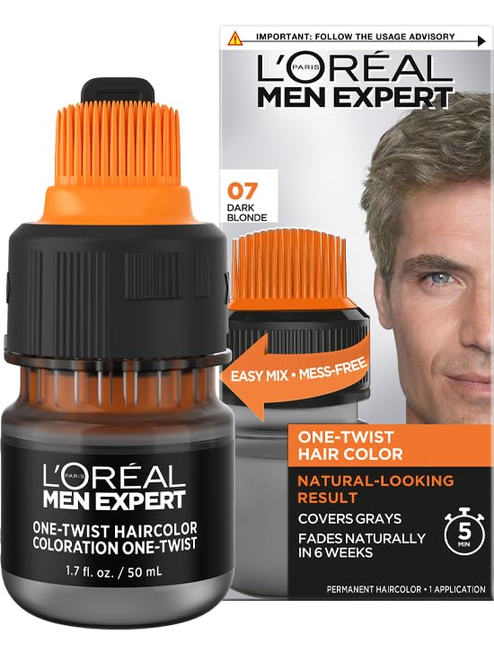 L’Oreal Paris Men Expert One Twist Mess Free Permanent Hair Color, Mens Hair Dye to Cover Grays, Easy Mix Ammonia Free Application, Dark Blonde 07, 1 Application Kit