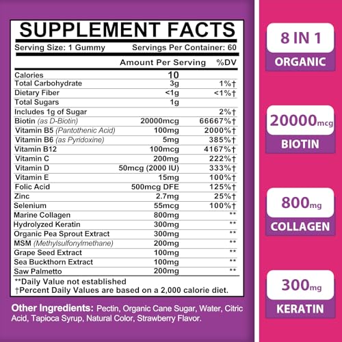 Biotin Gummies for Women and Men, 8 in 1 Organic Formula, Max Strength Biotin and Collagen Gummies with Keratin, Folic Acid & Vitamins, for Hair Growth, Skin and Nails Supplement, Sugar Free,120 Count
