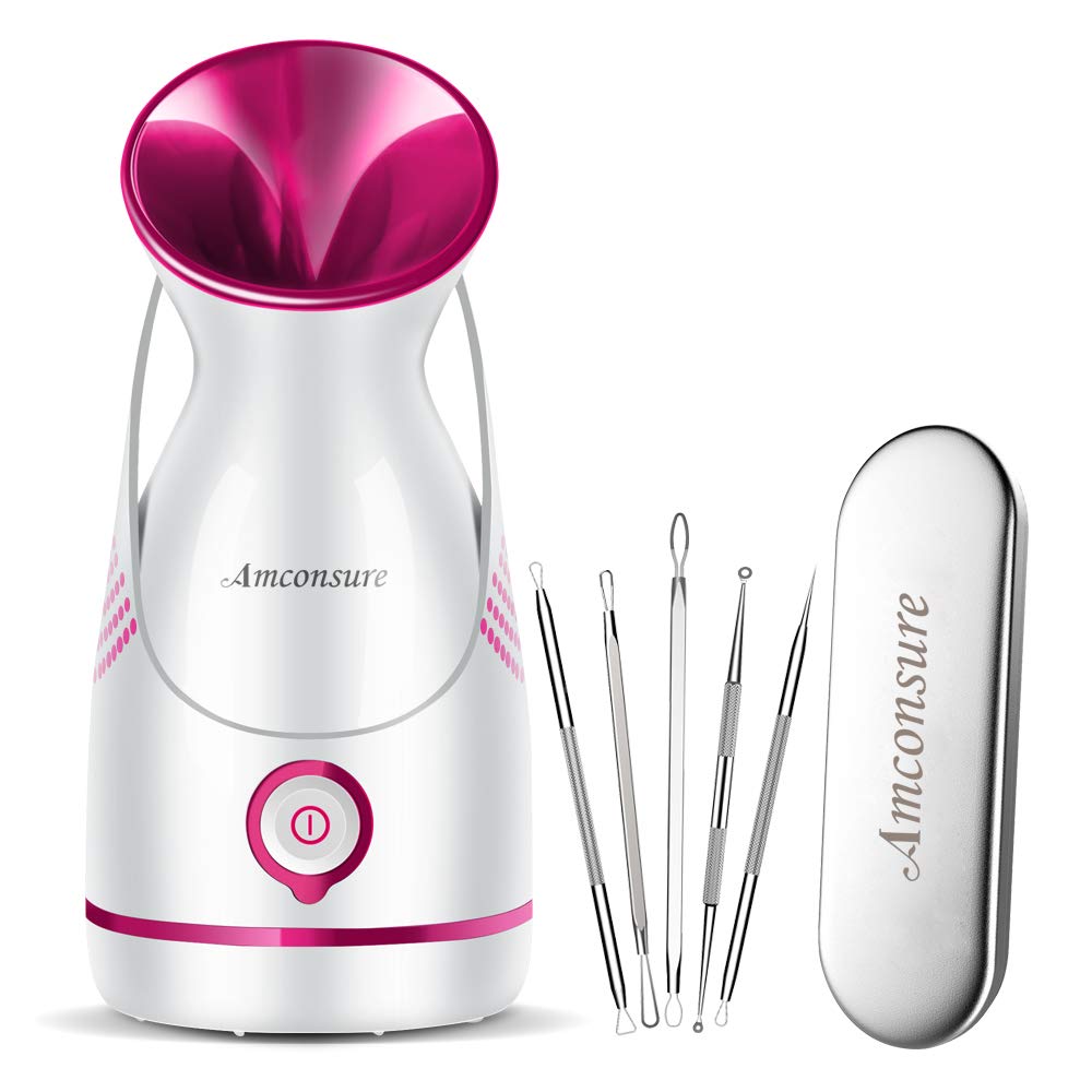 Amconsure Facial Steamer - Nano Ionic Facial Steamer Warm Mist Moisturizing Face Steamer Home Sauna SPAï¼Å’Pores Cleanse Clear Blackheads Acne Impurities Skin Cares - 5 Piece Stainless Steel Skin Kit