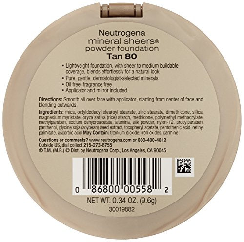 Neutrogena Mineral Sheers Compact Powder Foundation, Lightweight & Oil-Free Mineral Foundation, Fragrance-Free, Tan 80, .34 oz, 2 Pack