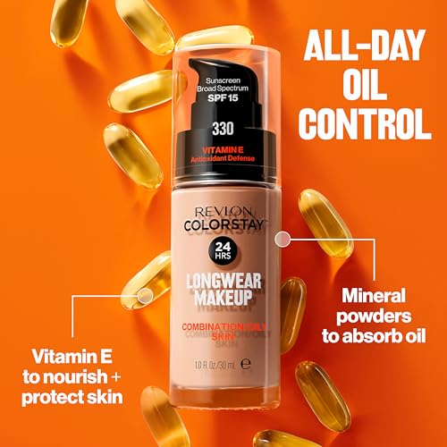 Revlon Liquid Foundation, ColorStay Face Makeup for Combination & Oily Skin, SPF 15, Medium-Full Coverage with Matte Finish, 180 Sand Beige, 1 Fl Oz