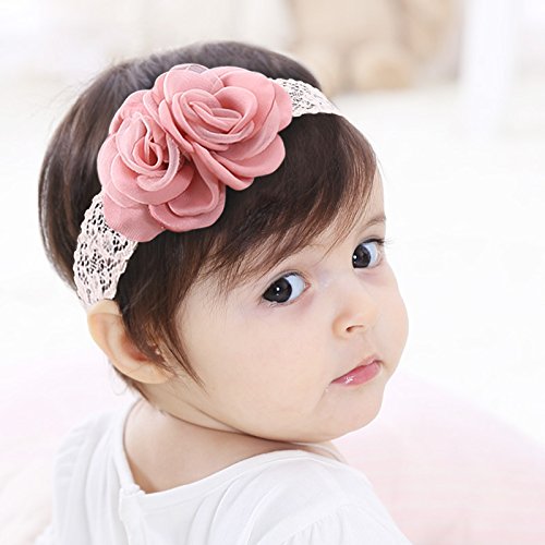 Kercisbeauty Baby Girls Pink Bows Headband Lace Flower Headwear for Toddler Babies Elastic Adjustable Head piece Wreath Halloween Holiday Sunday Headband