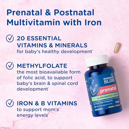 Mommy's Bliss Prenatal Multivitamin with Iron and Folic Acid, Supports Baby Development + Mom Immune System & Energy Levels w/ B Vitamins & Probiotics, Vegan & Gluten Free (45 Servings)