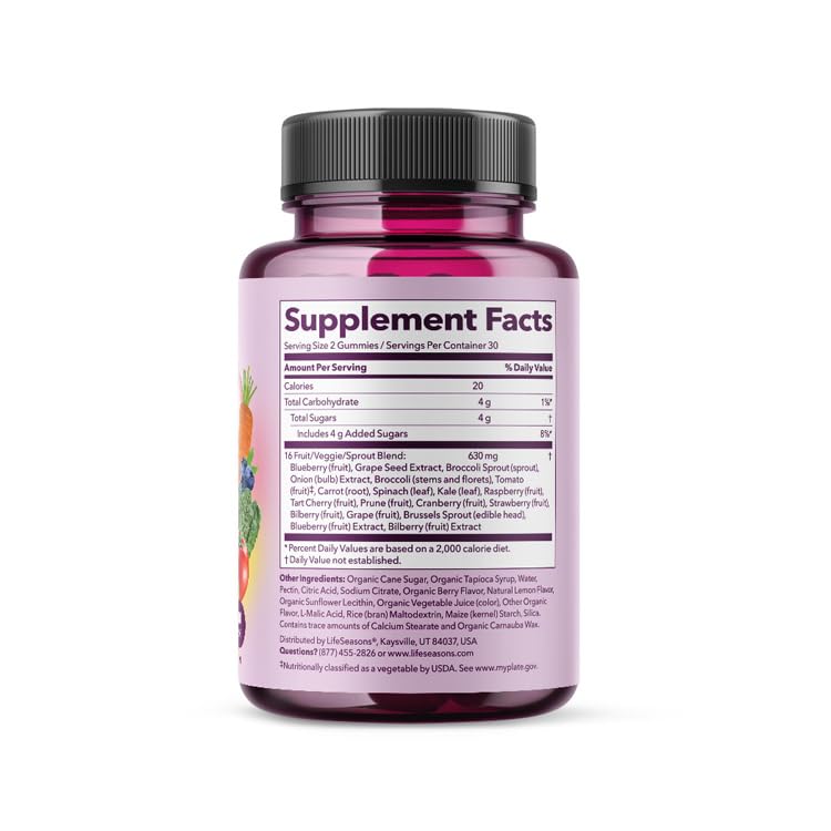 LifeSeasons Fruit & Veggie Gummy Supplement - 16 Fruits Vegetables & Sprouts - Vitamins Minerals & Antioxidants - Nutritional Support for Immunity & Wellness - 3X More Potent - 60 Gummies