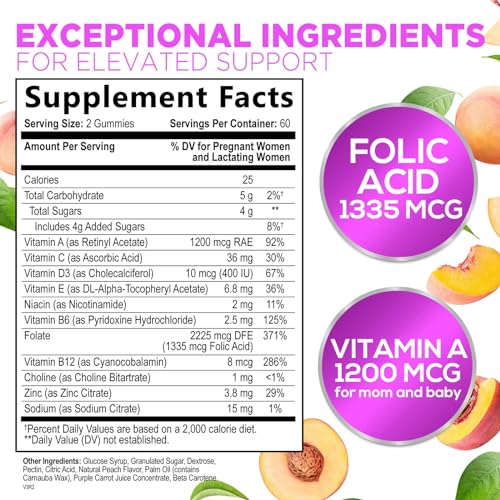 Prenatal Gummy with Folic Acid, Prenatal Vitamins and Minerals for Fetal Support, Vitamin A, C, D3, B12, B6 & Folate, Prenatal Multivitamin for Pregnant & Nursing Women - 120 Gummies, 60 Day Supply
