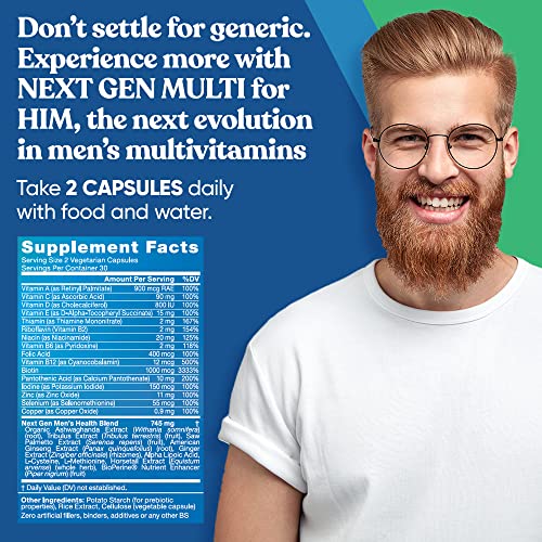 Next Gen Multi for Him Advanced Men’s Multivitamin Supplement – 26-in-1 Multiblend for Beard & Hair Growth, Men’s Reproductive Health, Metabolism, Heart, Skin, Prostate Support, More – 60 Veg Capsules