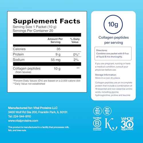 Vital Proteins Grass Fed Collagen Peptides Powder Supplement (Type I, III) Travel Packs, Hydrolyzed Collagen for Skin Hair Nail Joint - 10g per Serving - Unflavored (20ct per Box)