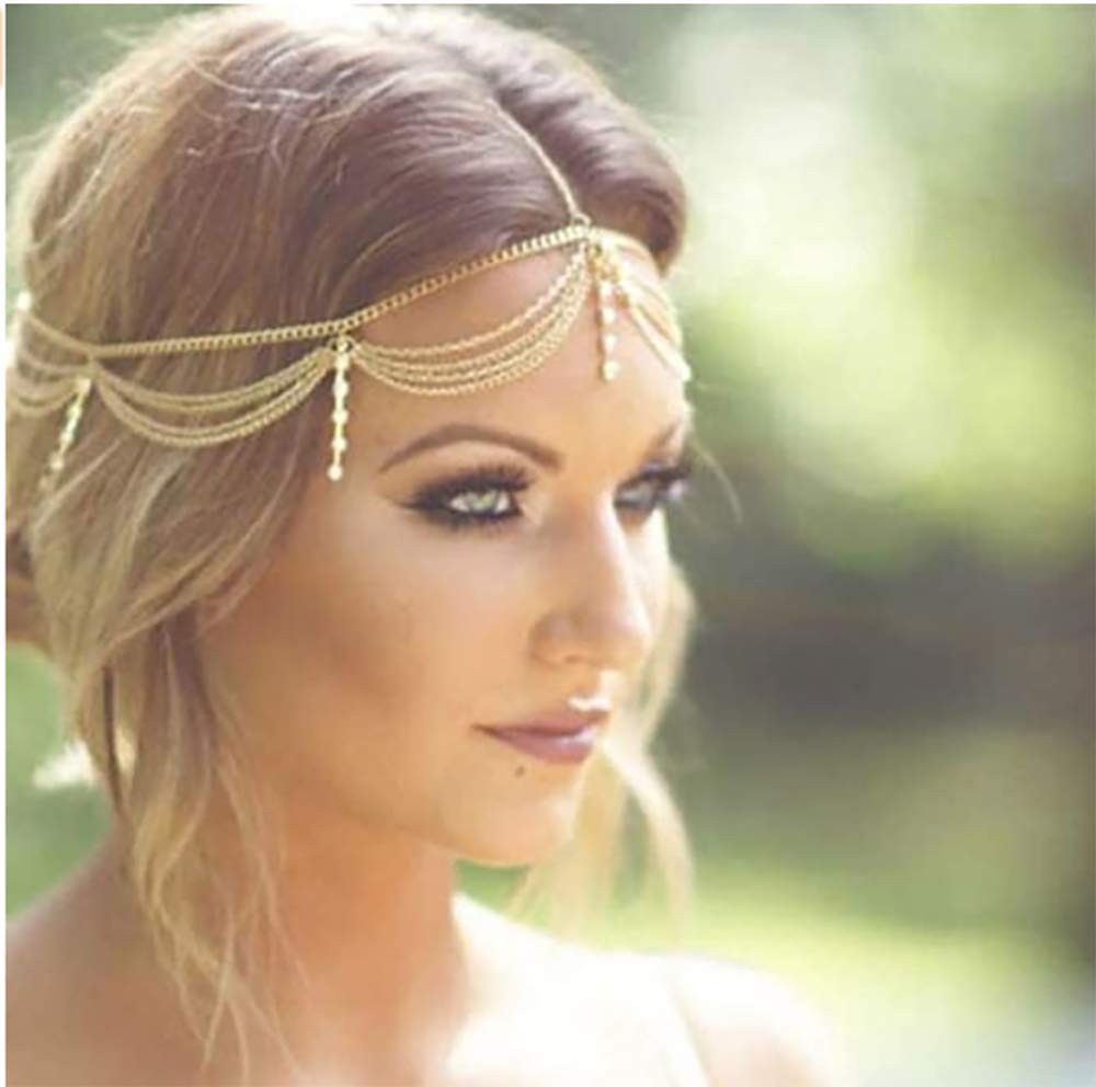 Deniferymakeup Gold Rhinestone Wedding Bridal Prom Bohemian Boho Grecian Head Chain Hair Jewelry Head Piece Bollywood Bride Glamorous