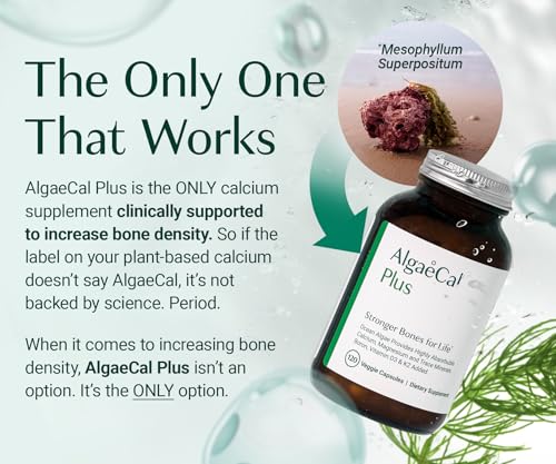 ALGAECAL Plus - Organic Red Algae Calcium Supplement for Women, Vitamin K2 (100mg), Vitamin D3 (1600 IU), Magnesium (350mg) & Trace Minerals, for Improved Bone Strength, Easy to Swallow, 120 Veg Caps