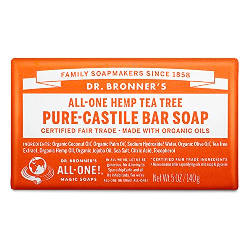 Dr. Bronner's - Pure-Castile Bar Soap (Tea Tree, 5 ounce) - Made with Organic Oils, For Face, Body, Hair and Dandruff, Gentle on Acne-Prone Skin, Biodegradable, Vegan, Non-GMO
