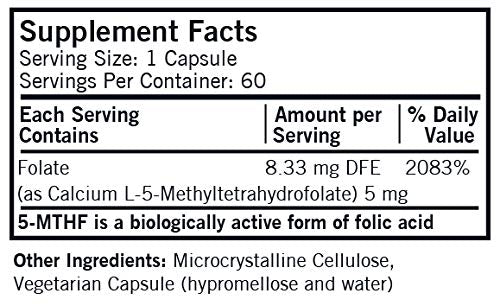 Kirkman 5-MTHF ([6S]-5-Methyltetrahydrofolate) 5 mg - Hypoallergenic | 60 Vegetarian Capsules