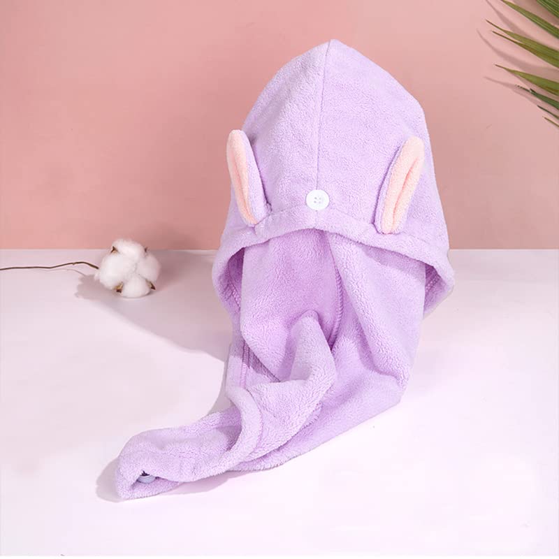 Flycheers Hair Towel Wrap,(Pink+Purple) Rabbit Ears Turban 2 Pack,Microfibre Hair Towel, Super Absorbent,Hair Drying Towel with Button, Dry Hair Hat, Wrapped Bath Cap
