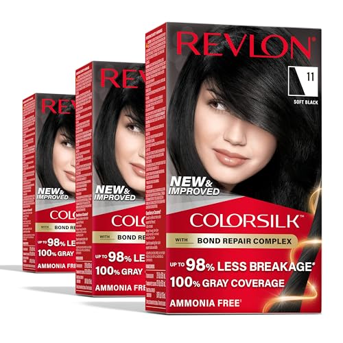 Revlon ColorSilk with Bond Repair Complex, Black Permanent Hair Color, 100% Gray Coverage, Ammonia Free Hair Dye, Vegan Keratin, 11 Soft Black (Pack of 3)