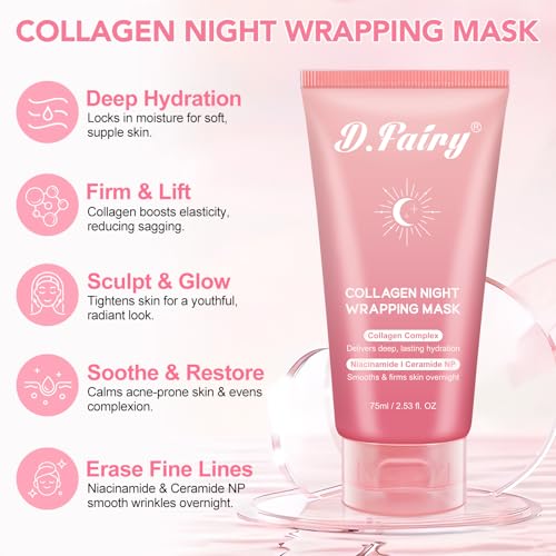 D.Fairy Collagen Overnight Wrapping Peel Off Facial Mask Pack - Collagen Night Wrapping Mask - Hydration Care - Reduces Sagging & Dullness - Hydrolyzed Collagen For Glowing Skin, 2.53 fl.oz