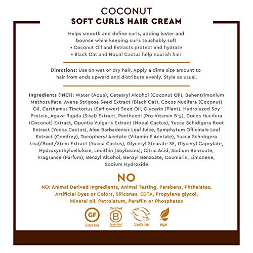 Desert Essence Coconut Soft Curls Hair Cream - Botanically-Based Curl Cream for Curly Hair - Silicone-Free - Hydrating with Coconut Oil, Black Oat Extract - Vegan, Gluten-Free, Cruelty-Free, 6.4 oz