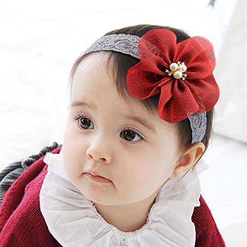 Kercisbeauty Baby Girls Flower Bows Headband Lace Headwear for Toddler Babies Elastic Adjustable Head piece Wreath Halloween Holiday Sunday Headband (Red)