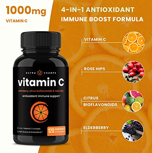 NutraChamps Vitamin C 1000mg with Rose HIPS, Vitamin C Supplement with Elderberry & Citrus Bioflavonoids, Kids Immune Boosting Supplement, 500mg Vitamin C Capsules Pill