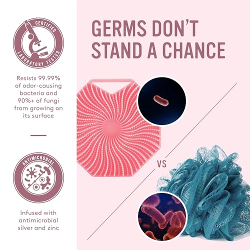 Sud Scrub® Antimicrobial Silicone Body Scrubber, Exfoliating Body Scrubber for Sensitive Skin, Eco Friendly Shower Scrubber for Body, Silicone Body Brush for Showering, Pink