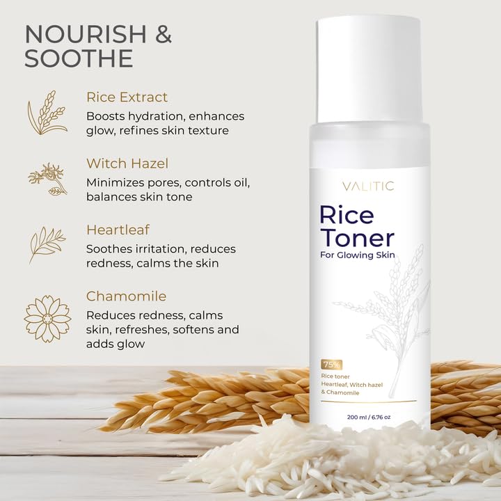 VALITIC Rice Toner - 75 Rice Extract Milky Toner for Face with Niacinamide, Heartleaf, Witch Hazel and Chamomile Essence - Facial Glass Skin Hydrating Skin Care - 200 ml, 6.76 fl oz