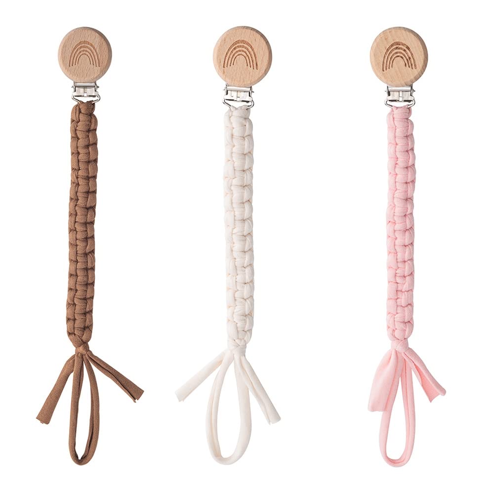 Symbolife Pacifier Clip for Boys Girls Pacifier Holder Leash Boho Rainbow Wooden Clips Handmade Braided Cotton Unisex Baby Shower Birthday Gift Christmas Gift (White Light Pink Brown)