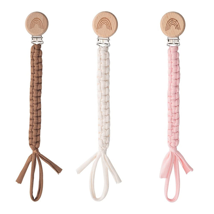 Symbolife Pacifier Clip for Boys Girls Pacifier Holder Leash Boho Rainbow Wooden Clips Handmade Braided Cotton Unisex Baby Shower Birthday Gift Christmas Gift (White Light Pink Brown)
