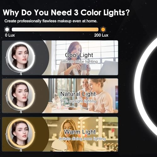 Lighted Makeup Mirror, 3000 mAh Rechargeable Double Sided Magnifying Mirror with 3 Colors, 1x/10x 360° Rotation Vanity Mirror, Brightness Adjustable Magnification Cosmetic Light up Mirror, Women Gift