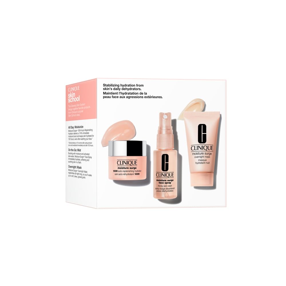 Clinique Skin School Supplies Set: Glowing Skin Essentials | Moisture Surge 1H Auto-Replenishing Hydrator, 0.5 Fl Oz | Face Spray Thirsty Skin Relief, 1 Fl Oz | Overnight Mask, 1 Fl Oz
