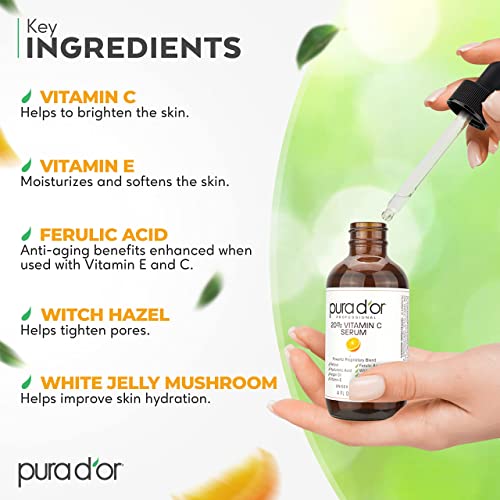 PURA D'OR 20% Vitamin C Serum 4 Oz - Lightweight Maximum Strength Formula - Retinol, Hyaluronic Acid, Ferulic Acid - Professional Grade Treatment For Face & Eyes, Wrinkles - Men & Women