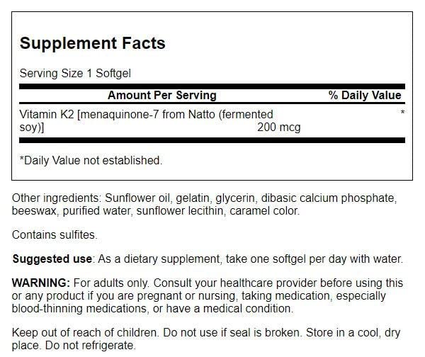Swanson Maximum Strength Vitamin K2 (Menaquinone-7)-Vitamin Supplement Supporting Cardiovascular and Bone Health-Made from Japanese Natto to Help Regulate Calcium (30 Softgels, 200mcg Each) 4 Pack