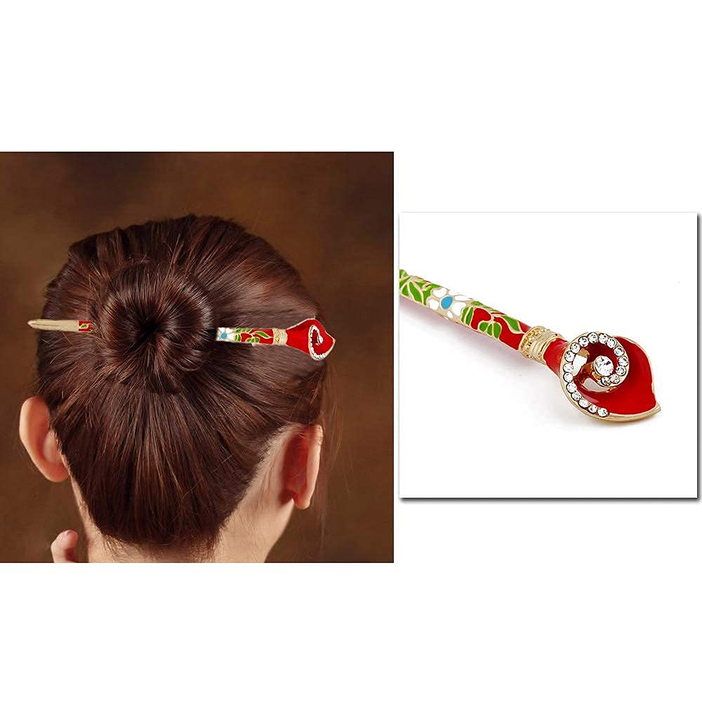 Ximimark Chinese Ethnic Landscape Hair Pin Hair Chopsticks Metal Rhinestone Handmade Hair Stick Hair Clip 2Pcs(Blue&Green)